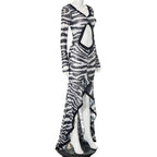 Zebra print hollow out slit ruffle cut out maxi dress  | Festival Outfits Women