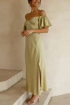 Satin Off Shoulder Flutter Sleeve Sweetheart Ruched Side Slit Midi Dress