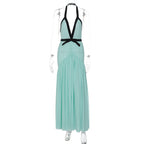 Halter ruched mesh deep V neck maxi dress  | Festival Outfits Women