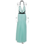 Halter ruched mesh deep V neck maxi dress  | Festival Outfits Women