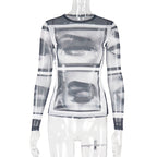 Long sleeve abstract crewneck mesh top  | Festival Outfits Women