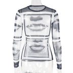 Long sleeve abstract crewneck mesh top  | Festival Outfits Women