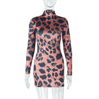High neck leopard print long sleeve mini dress  | Festival Outfits Women  | Leopard Print Mini Dress