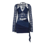 Long sleeve lace halter self tie ruched mini dress  | Festival Outfits Women