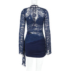 Long sleeve lace halter self tie ruched mini dress  | Festival Outfits Women