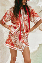 Floral Print Collared Short-sleeved Loose-fitting Shirt and Casual Floral Trim Mini Skirt Set