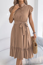 Solid Color Stand Collar Button Waist Tie Casual Midi Dress