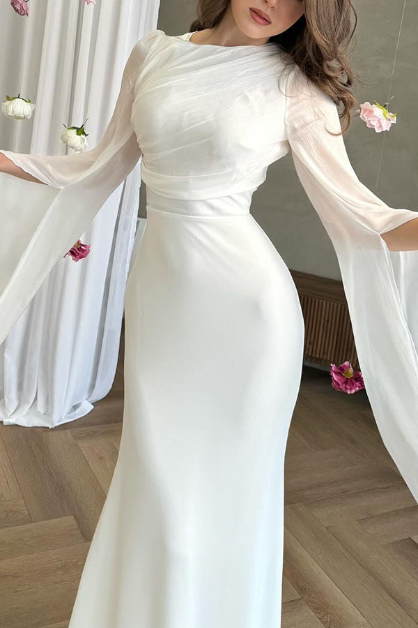 Satin Ruched High Neck Bell Sleeve Slit Mermaid Maxi Gown