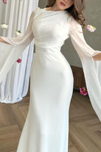 Satin Ruched High Neck Bell Sleeve Slit Mermaid Maxi Gown