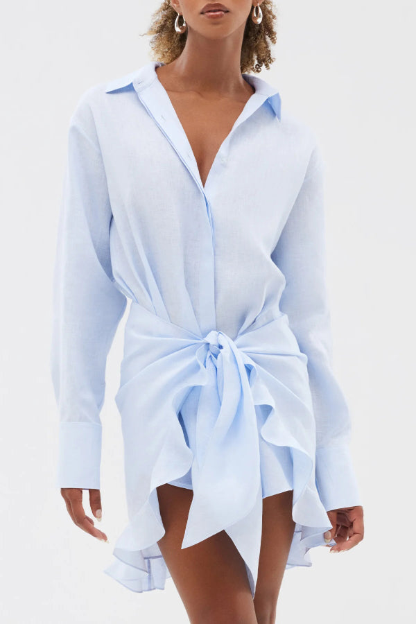Solid Color Collared Long-sleeved Casual Shirt Style Lace Up Vacation Mini Dress