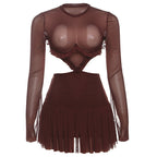 Crewneck long sleeve mesh ruched mini dress  | Festival Outfits Women