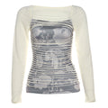 Long sleeve print hollow out contrast cut out top  | Festival Outfits Women