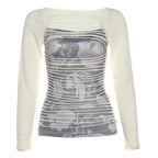 Long sleeve print hollow out contrast cut out top  | Festival Outfits Women