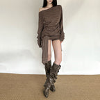 Long sleeve striped one shoulder ruched top  | Festival Outfits Women