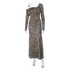 Leopard print one shoulder long sleeve slit maxi dress  | Festival Outfits Women
