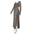 Leopard print one shoulder long sleeve slit maxi dress  | Festival Outfits Women
