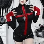 High neck cross pattern long sleeve top  | Festival Outfits Women