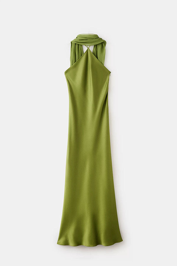 Elegant and Refined Satin Detachable Scarf-style Halter Maxi Dress