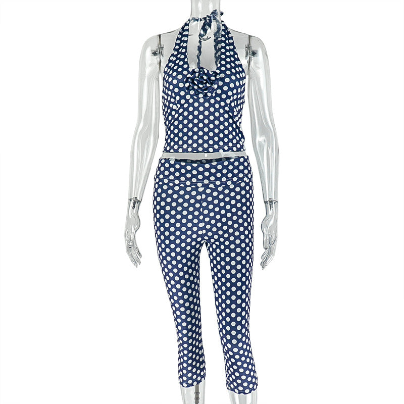 Halter flower applique polka dot pant set  | Festival Outfits Women