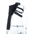 Long sleeve buckle PU leather top  | Festival Outfits Women