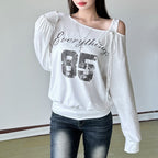 Irregular long sleeve letter pattern self tie top  | Festival Outfits Women
