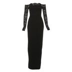 Lace long sleeve off shoulder pleated maxi dress  | Festival Outfits Women