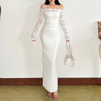 Lace long sleeve off shoulder pleated maxi dress  | Festival Outfits Women