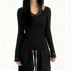Long sleeve lace hem v neck solid top  | Festival Outfits Women