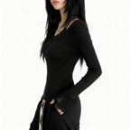 Long sleeve lace hem v neck solid top  | Festival Outfits Women