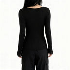 Long sleeve lace hem v neck solid top  | Festival Outfits Women