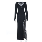 Long sleeve v neck lace hem slit maxi dress  | Festival Outfits Women