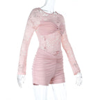 Lace long sleeve round neck ruched zip-up romper  | Festival Outfits Women