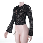 Long sleeve lace self tie solid crewneck top  | Festival Outfits Women