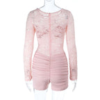 Lace long sleeve round neck ruched zip-up romper  | Festival Outfits Women