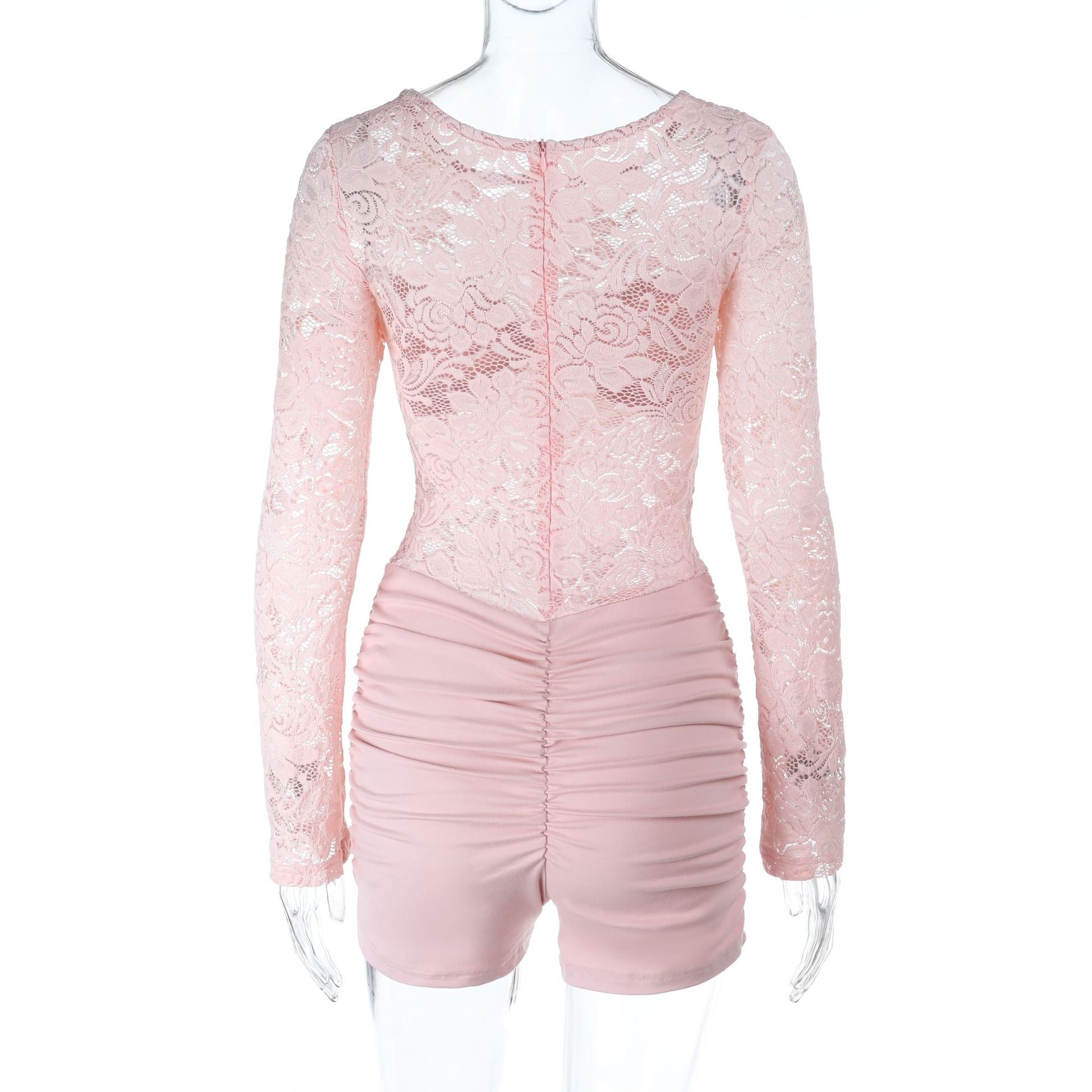 Lace long sleeve round neck ruched zip-up romper  | Festival Outfits Women
