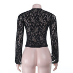Long sleeve lace self tie solid crewneck top  | Festival Outfits Women