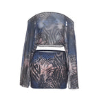 Mesh long sleeve off shoulder print mini skirt set  | Festival Outfits Women