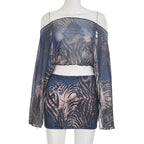 Mesh long sleeve off shoulder print mini skirt set  | Festival Outfits Women