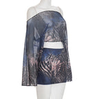Mesh long sleeve off shoulder print mini skirt set  | Festival Outfits Women