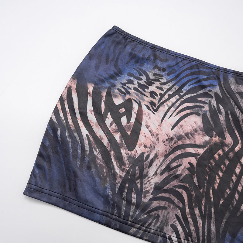 Mesh long sleeve off shoulder print mini skirt set  | Festival Outfits Women