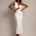 One shoulder hollow out ruched irregular cut out maxi dress  | Festival Outfits Women
