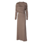 Long sleeve ruched irregular crewneck maxi dress  | Festival Outfits Women