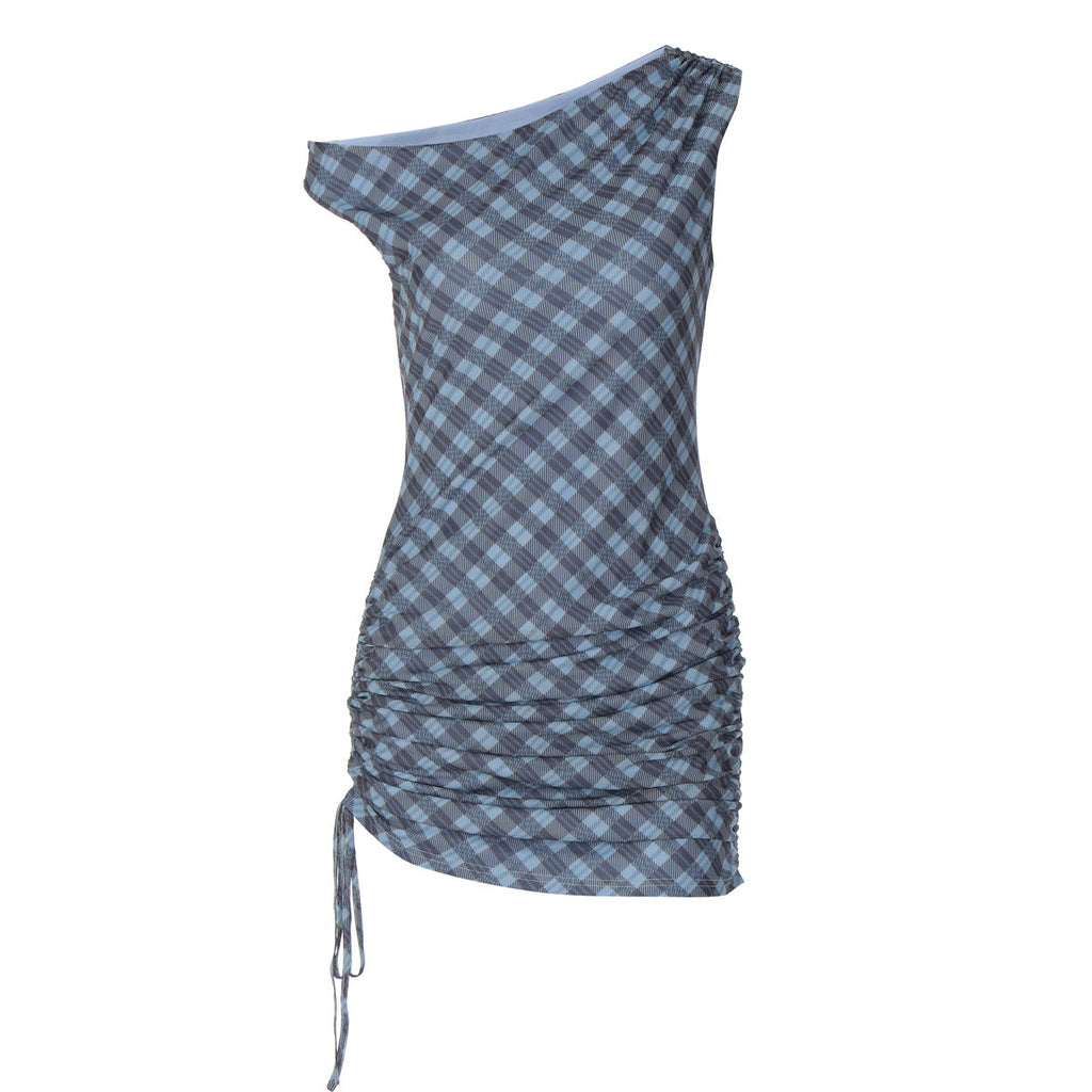 Plaid ruched drawstring irregular mini dress  | Festival Outfits Women