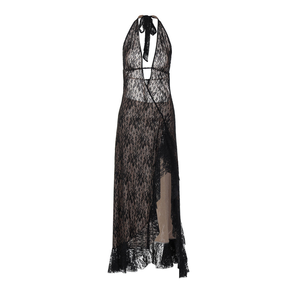 Halter self tie lace slit hollow out cut out maxi dress  | Festival Outfits Women