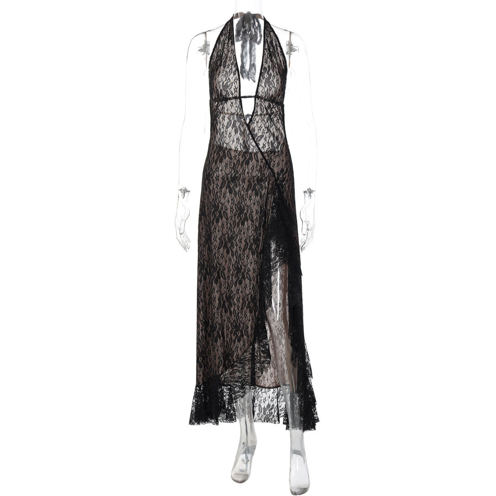 Halter self tie lace slit hollow out cut out maxi dress  | Festival Outfits Women