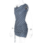 Plaid ruched drawstring irregular mini dress  | Festival Outfits Women