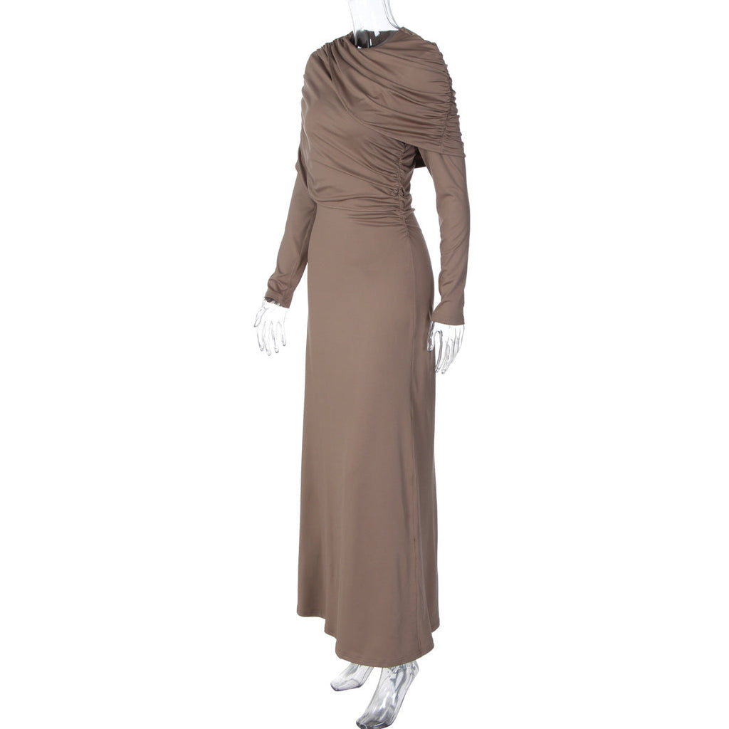 Long sleeve ruched irregular crewneck maxi dress  | Festival Outfits Women