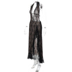 Halter self tie lace slit hollow out cut out maxi dress  | Festival Outfits Women