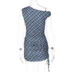 Plaid ruched drawstring irregular mini dress  | Festival Outfits Women