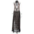 Halter self tie lace slit hollow out cut out maxi dress  | Festival Outfits Women